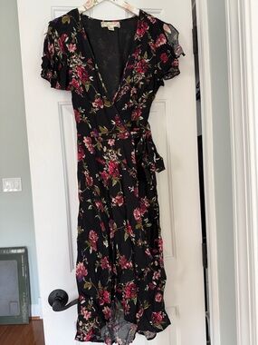 Band of Gypsies Black Wrap Midi Dress with Rose Floral Print